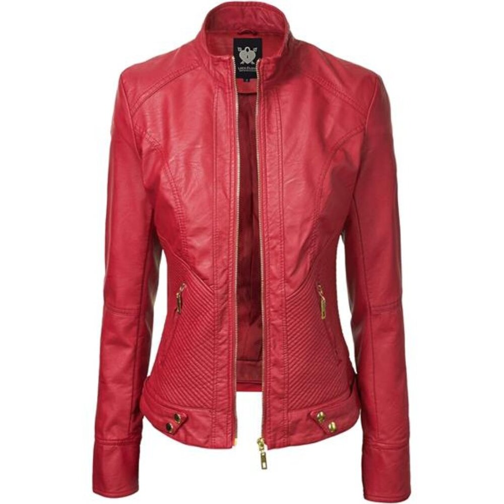 Slim Fit Stylish Vegan Leather Moto Jacket Red - Picture 3 of 7
